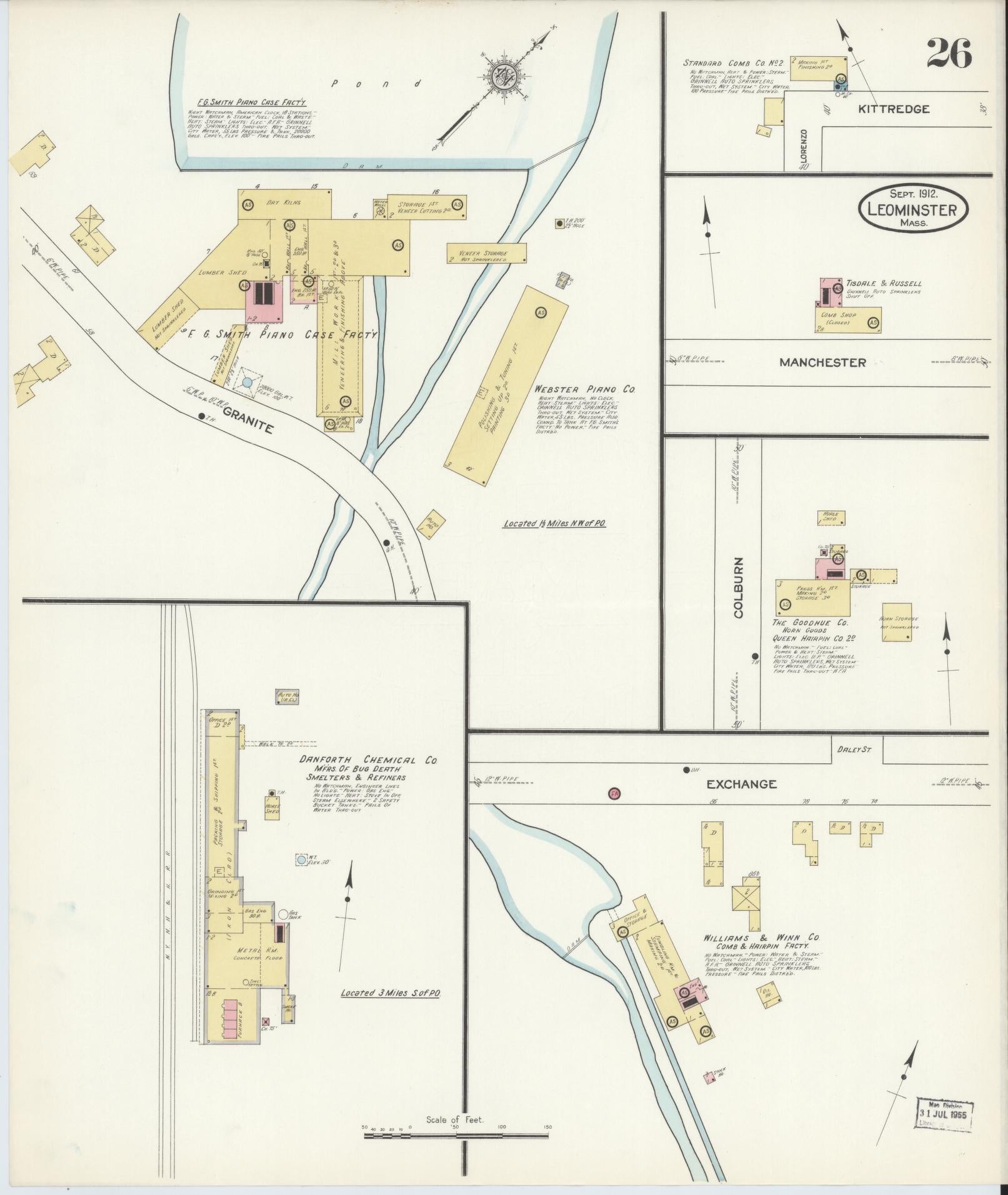 Sanborn Fire Insurance Map from Leominster, Worcester County, Massachusetts (1912), Sheet #0026 - Complete Map Set gallery image, historic Sanborn map, vintage wall art, Massachusetts Massachusetts