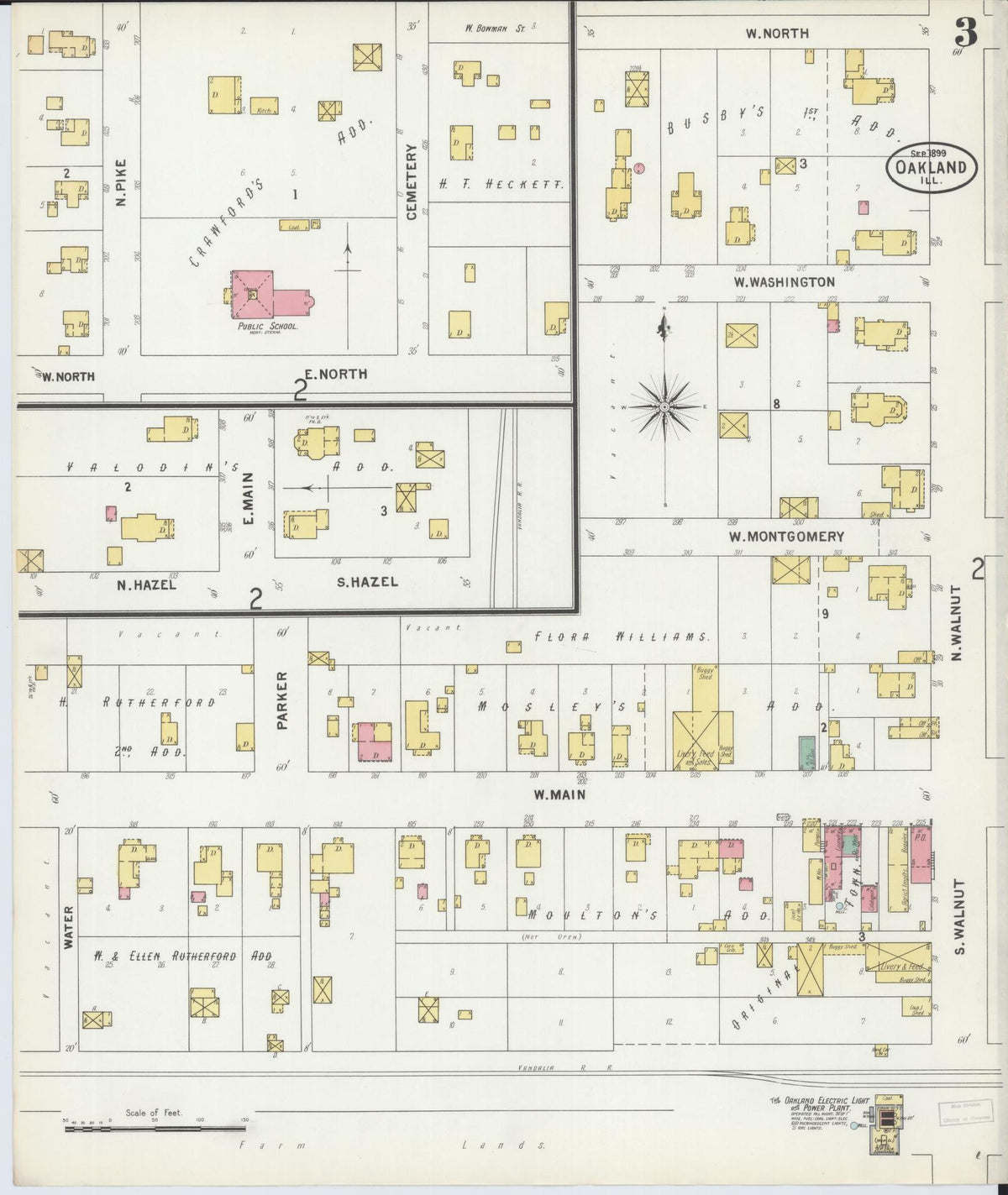 Sanborn Fire Insurance Map from Oakland, Coles County, Illinois (1899), Sheet #0003 - Historic Sanborn Fire Insurance Map Print, vintage old map wall art, antique decor, genealogy gift, Illinois Illinois map