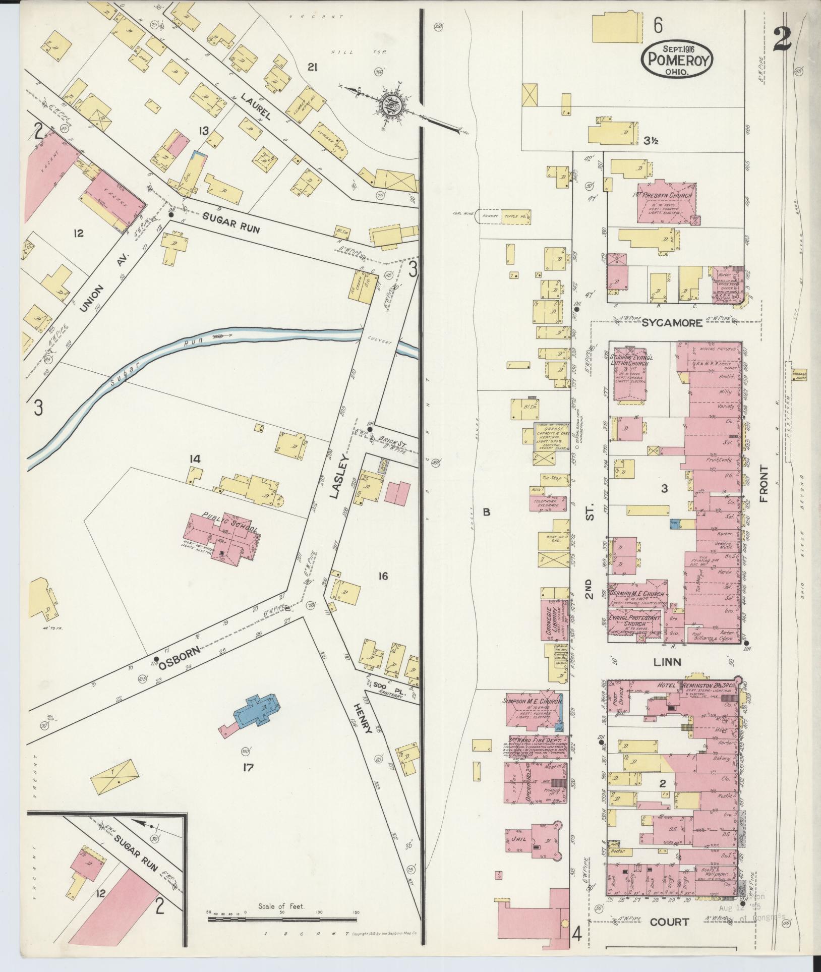 Sanborn Fire Insurance Map from Pomeroy, Meigs County, Ohio (1916), Sheet #0002 - Historic Sanborn Fire Insurance Map Print, vintage old map wall art, antique decor, genealogy gift, Ohio Ohio map