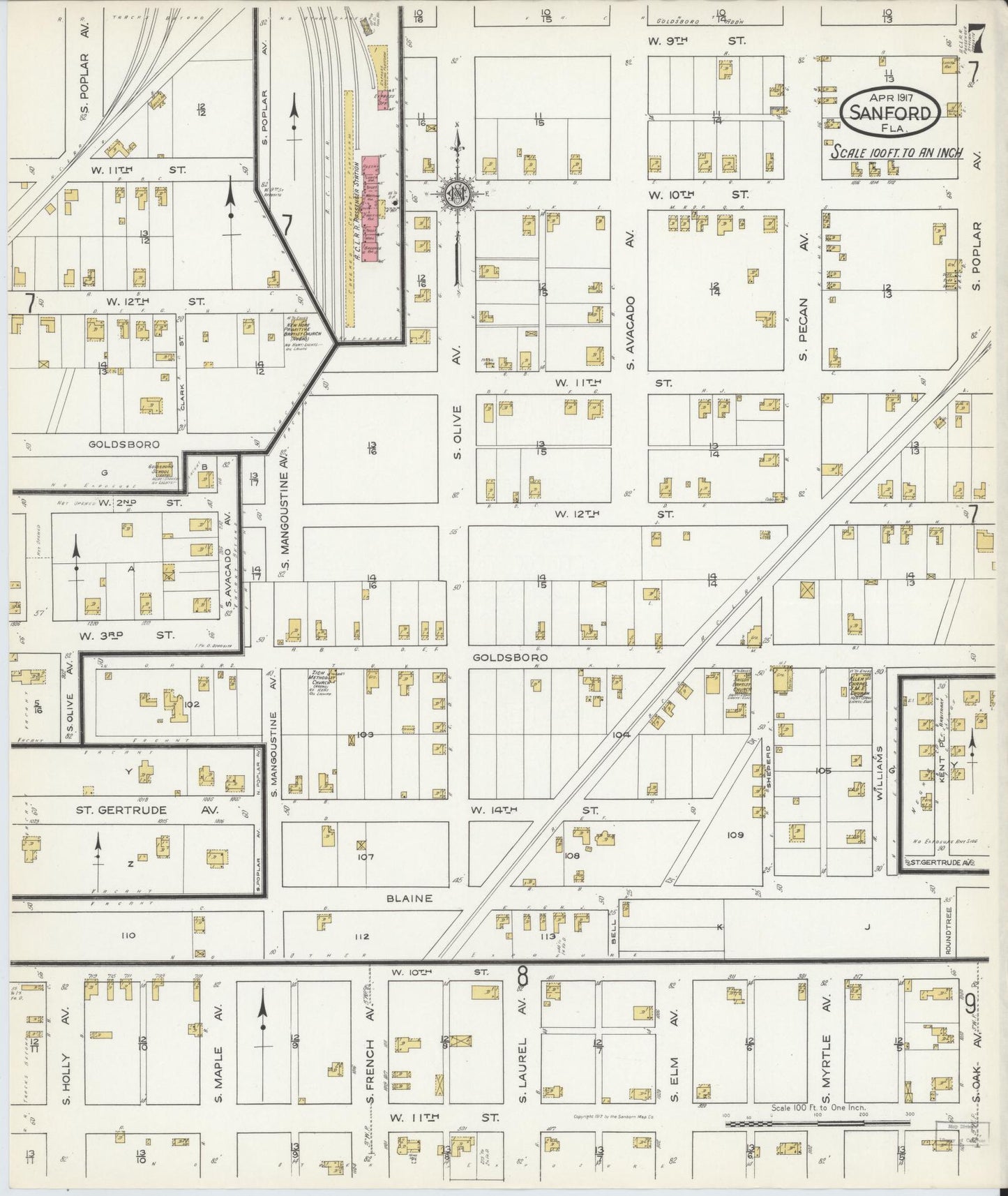 Sanborn Fire Insurance Map from Sanford, Seminole County, Florida (1917), Sheet #0007 - Complete Map Set gallery image, historic Sanborn map, vintage wall art, Florida Florida