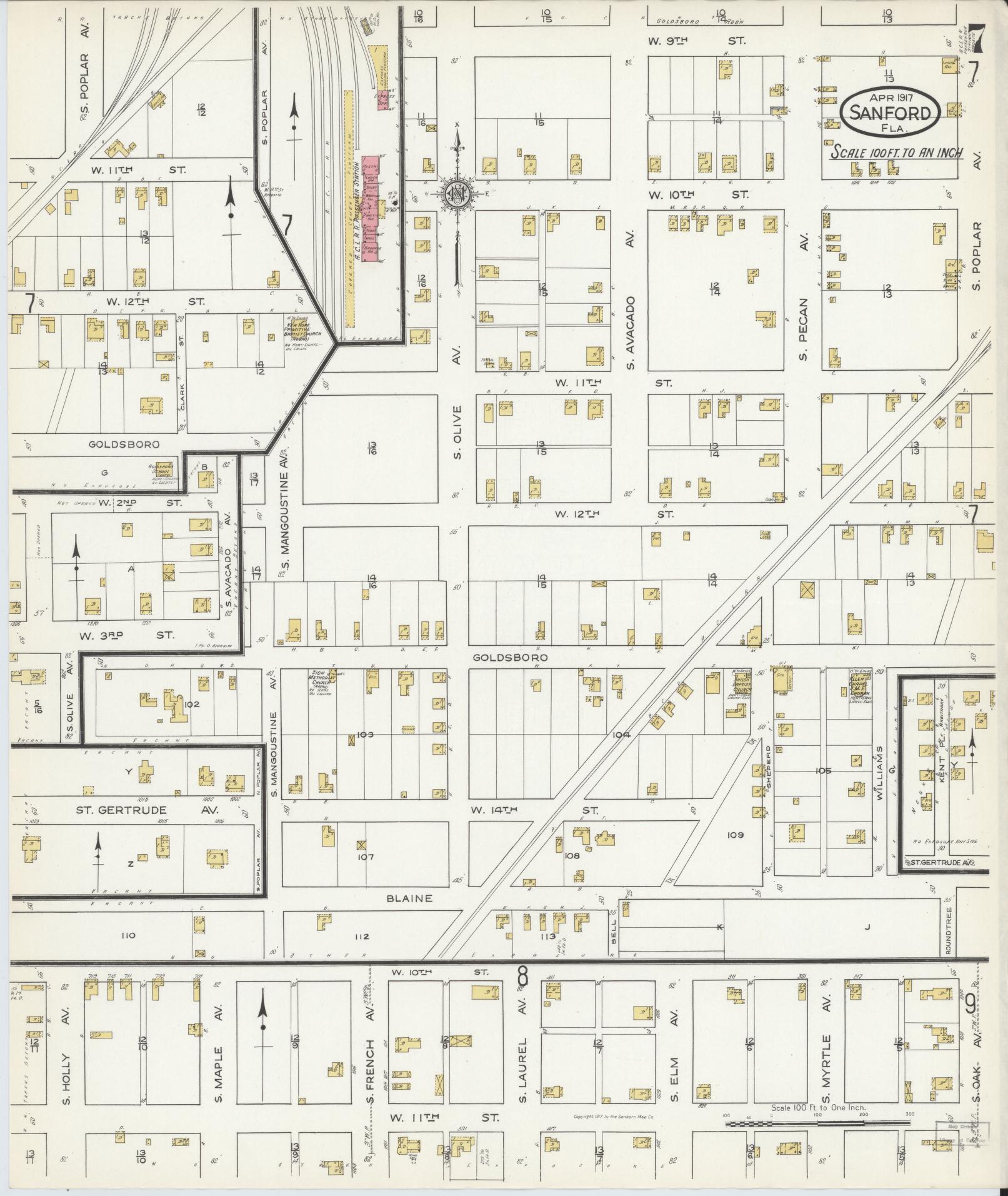 Sanborn Fire Insurance Map from Sanford, Seminole County, Florida (1917), Sheet #0007 - Complete Map Set gallery image, historic Sanborn map, vintage wall art, Florida Florida