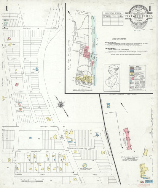 Sanborn Fire Insurance Map from Englewood Cliffs, Bergen County, New Jersey (1943), Sheet #0001 - Historic Sanborn Fire Insurance Map Print, vintage old map wall art, antique decor, genealogy gift, New Jersey New Jersey map