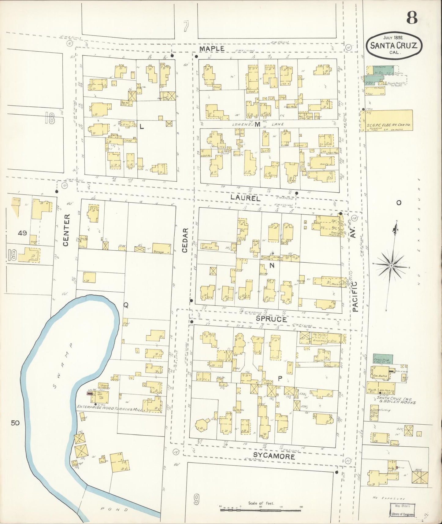Sanborn Fire Insurance Map from Santa Cruz, Santa Cruz County, California (1892), Sheet #0008 - Complete Map Set gallery image, historic Sanborn map, vintage wall art, California California