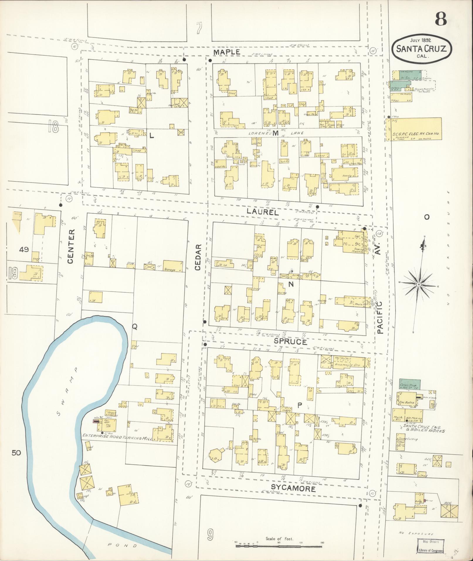 Sanborn Fire Insurance Map from Santa Cruz, Santa Cruz County, California (1892), Sheet #0008 - Complete Map Set gallery image, historic Sanborn map, vintage wall art, California California