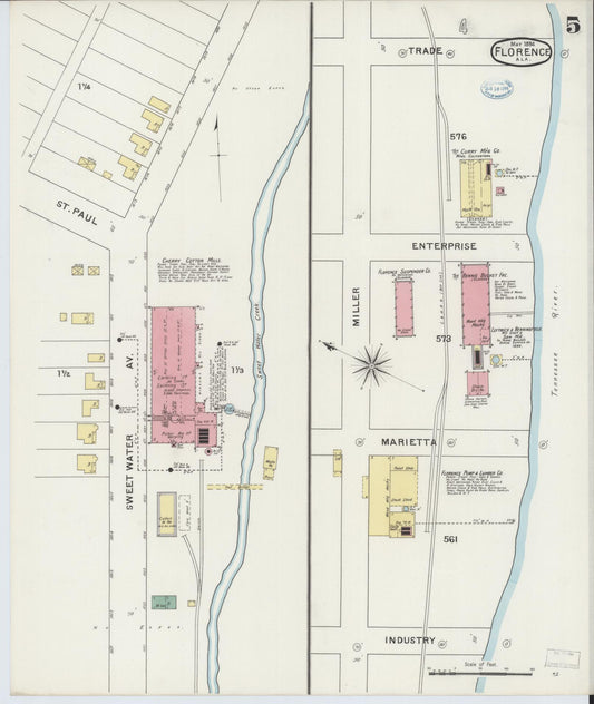 Sanborn Fire Insurance Map from Florence, Lauderdale County, Alabama (1894), Sheet #0005 - Historic Sanborn Fire Insurance Map Print, vintage old map wall art, antique decor, genealogy gift, Alabama Alabama map