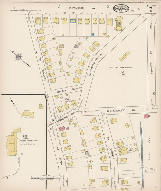 Sanborn Fire Insurance Map from Englewood, Bergen County, New Jersey (1922), Sheet #0007 - Historic Sanborn Fire Insurance Map Print, vintage old map wall art, antique decor, genealogy gift, New Jersey New Jersey map