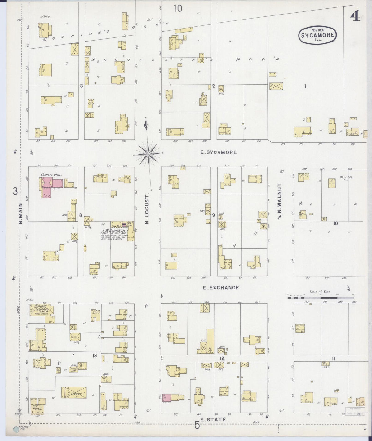Sanborn Fire Insurance Map from Sycamore, De Kalb County, Illinois (1896), Sheet #0004 - Historic Sanborn Fire Insurance Map Print, vintage old map wall art, antique decor, genealogy gift, Illinois Illinois map