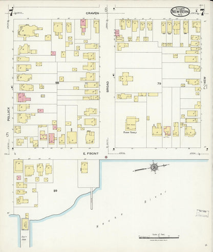 Sanborn Fire Insurance Map from New Bern, Craven County, North Carolina (1924), Sheet #0007 - Historic Sanborn Fire Insurance Map Print, vintage old map wall art, antique decor, genealogy gift, North Carolina North Carolina map