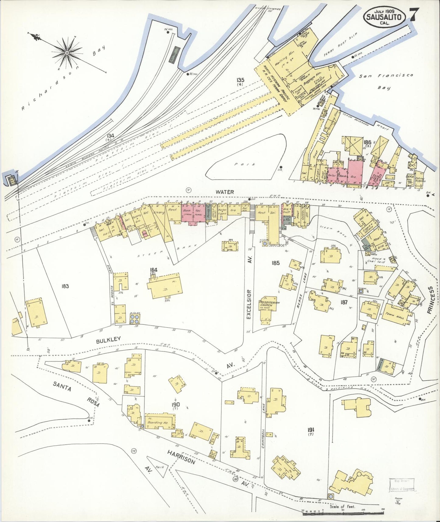 Sanborn Fire Insurance Map from Sausalito, Marin County, California (1909), Sheet #0007 - Complete Map Set gallery image, historic Sanborn map, vintage wall art, California California