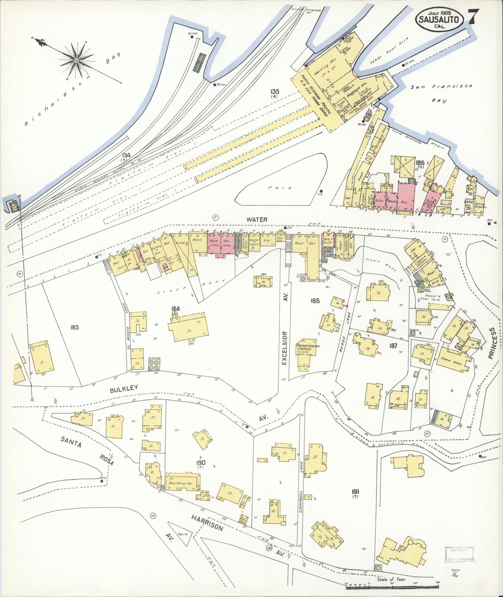 Sanborn Fire Insurance Map from Sausalito, Marin County, California (1909), Sheet #0007 - Complete Map Set gallery image, historic Sanborn map, vintage wall art, California California