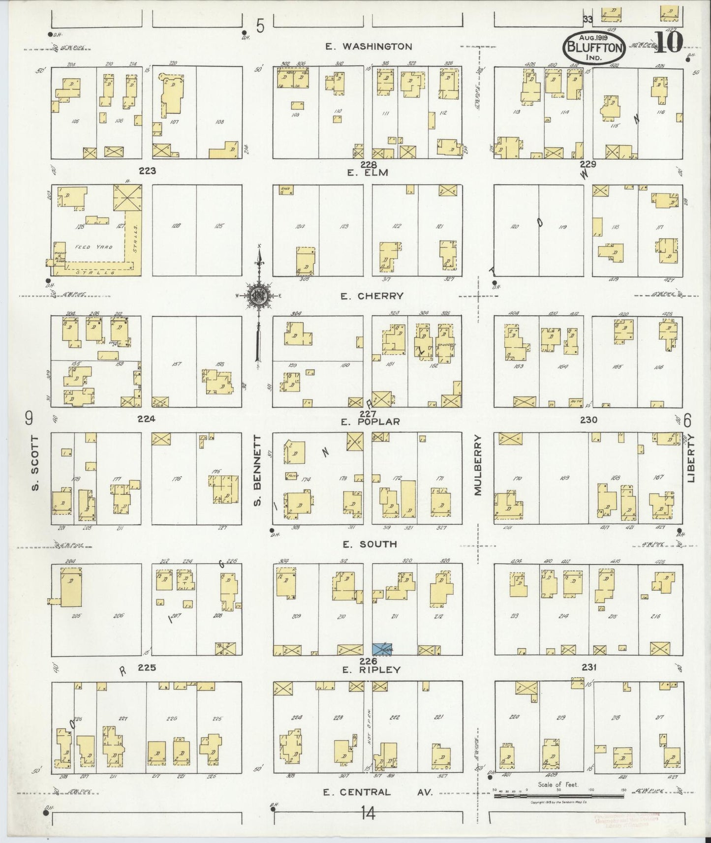 Sanborn Fire Insurance Map from Bluffton, Wells County, Indiana (1919), Sheet #0010 - Historic Sanborn Fire Insurance Map Print, vintage old map wall art, antique decor, genealogy gift, Indiana Indiana map