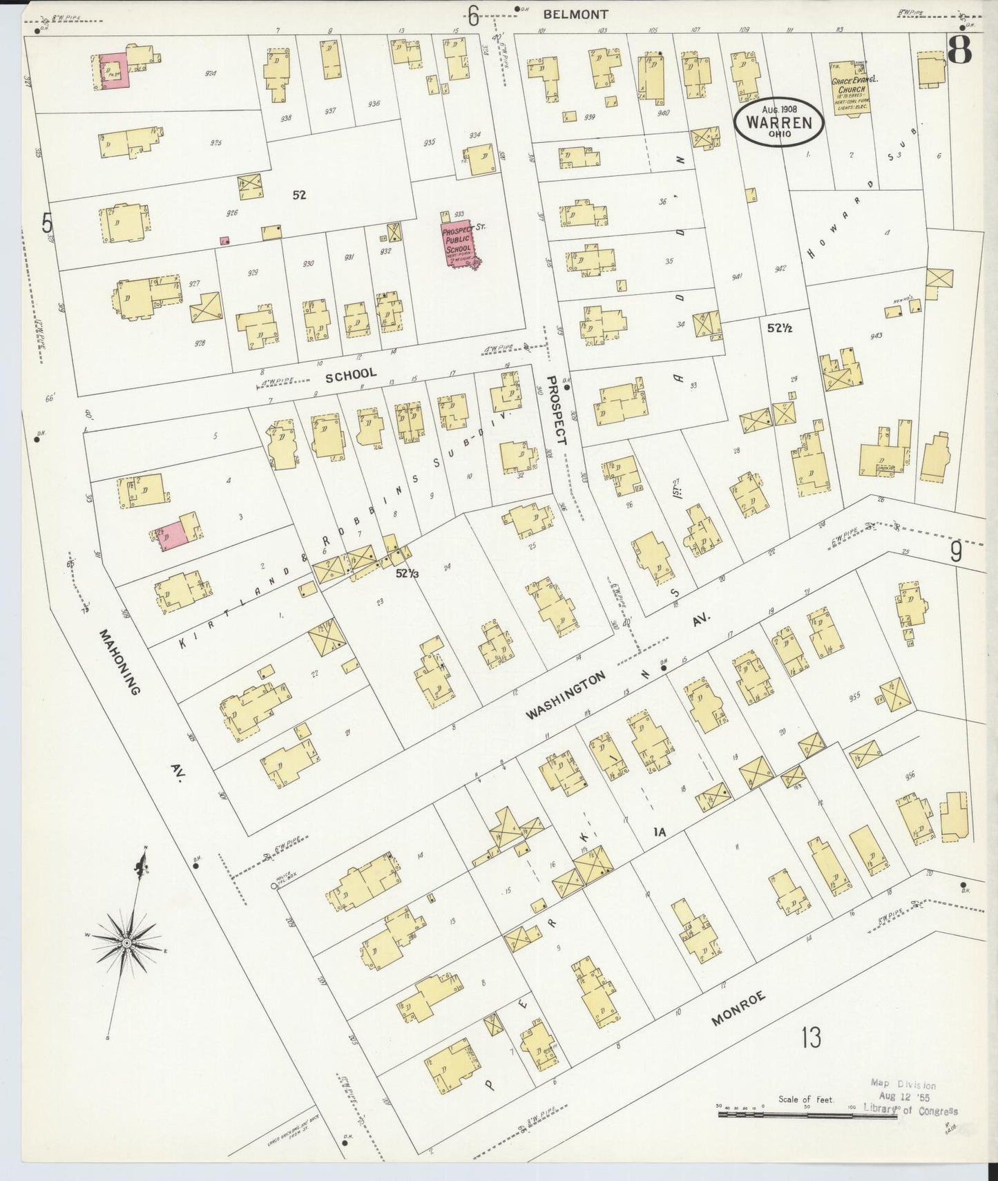 Sanborn Fire Insurance Map from Warren, Trumbull County, Ohio (1908), Sheet #0008 - Historic Sanborn Fire Insurance Map Print, vintage old map wall art, antique decor, genealogy gift, Ohio Ohio map