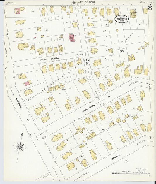 Sanborn Fire Insurance Map from Warren, Trumbull County, Ohio (1908), Sheet #0008 - Historic Sanborn Fire Insurance Map Print, vintage old map wall art, antique decor, genealogy gift, Ohio Ohio map