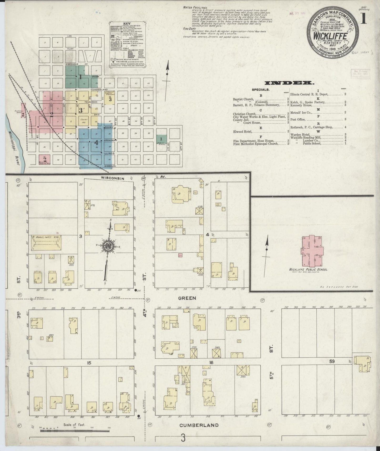 Sanborn Fire Insurance Map from Wickliffe, Ballard County, Kentucky (1910), Sheet #0001 - Complete Map Set gallery image, historic Sanborn map, vintage wall art, Kentucky Kentucky