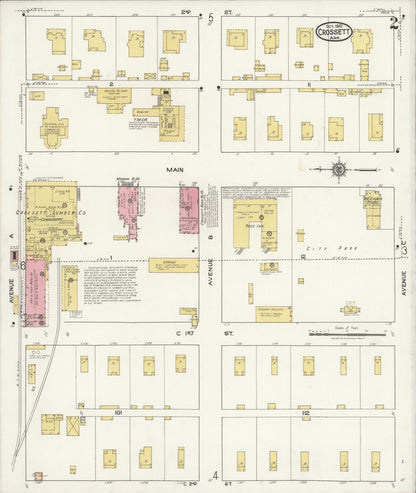 Sanborn Fire Insurance Map from Crossett, Ashley County, Arkansas (1921), Sheet #0002 - Complete Map Set gallery image, historic Sanborn map, vintage wall art, Arkansas Arkansas