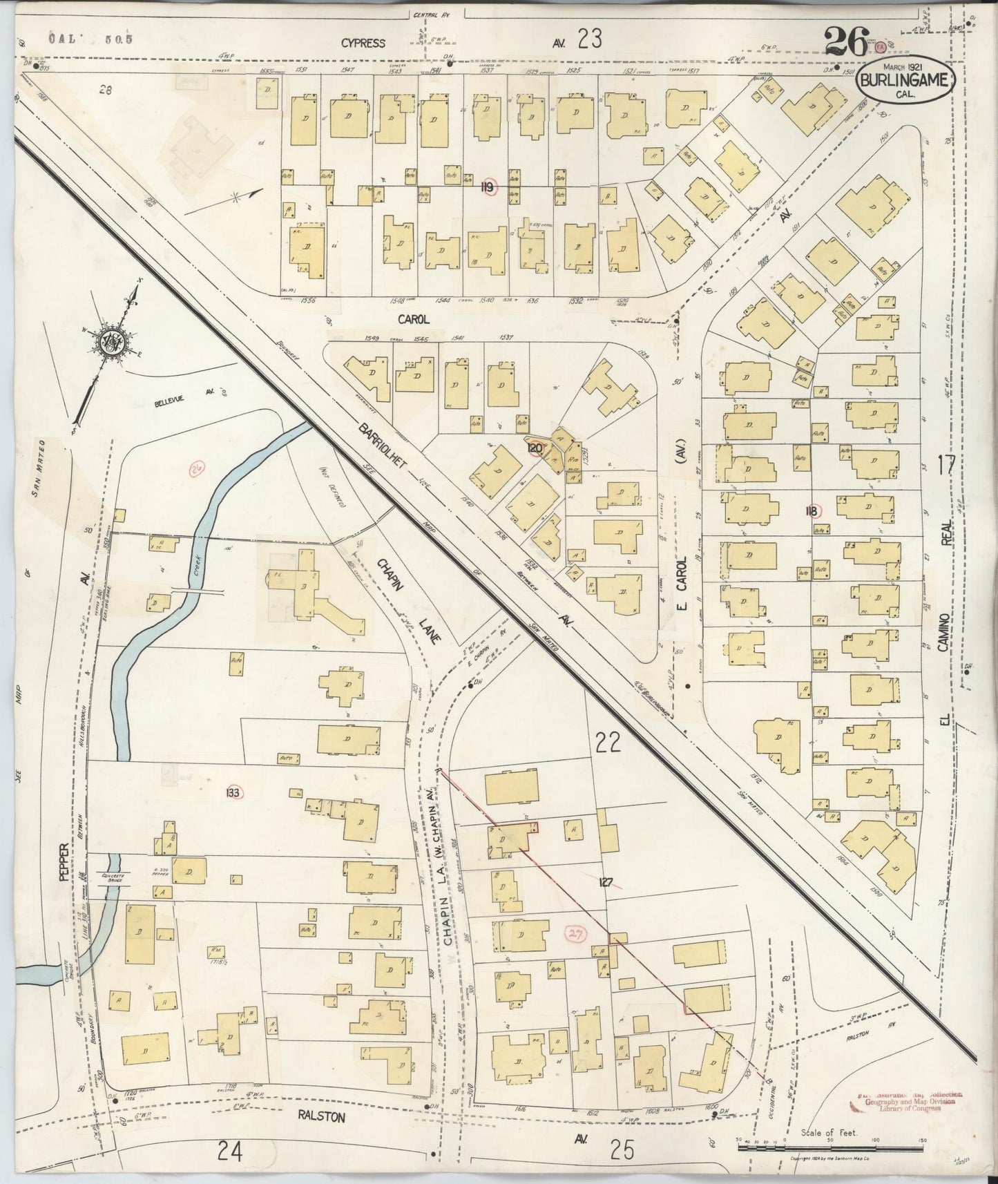 Sanborn Fire Insurance Map from Burlingame, San Mateo County, California (1949), Sheet #0026 - Historic Sanborn Fire Insurance Map Print, vintage old map wall art, antique decor, genealogy gift, California California map