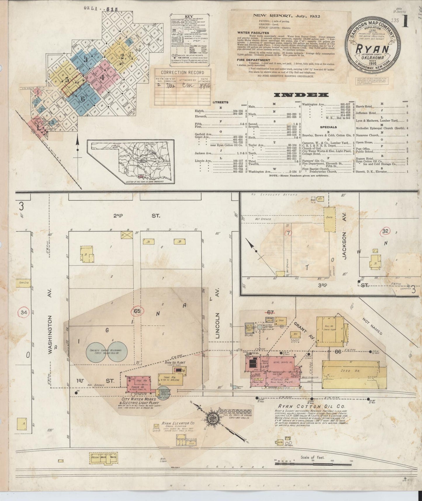 Sanborn Fire Insurance Map from Ryan, Jefferson County, Oklahoma (1932), Sheet #0001 - Complete Map Set gallery image, historic Sanborn map, vintage wall art, Oklahoma Oklahoma
