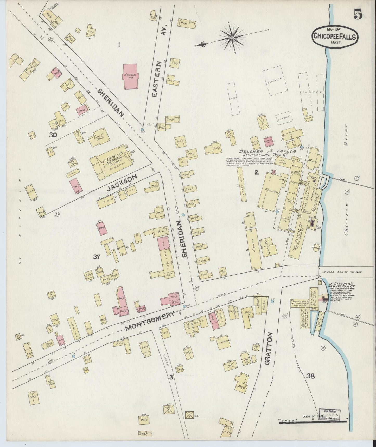 Sanborn Fire Insurance Map from Chicopee Falls, Hampden County, Massachusetts (1891), Sheet #0005 - Historic Sanborn Fire Insurance Map Print, vintage old map wall art, antique decor, genealogy gift, Massachusetts Massachusetts map
