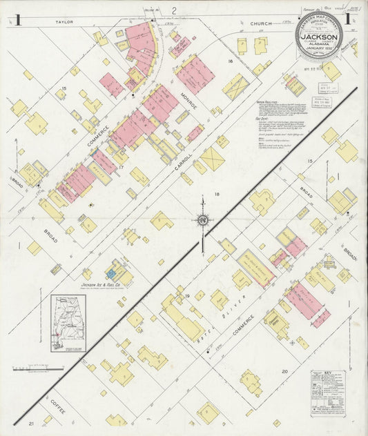 Sanborn Fire Insurance Map from Jackson, Clarke County, Alabama (1930), Sheet #0001 - Historic Sanborn Fire Insurance Map Print, vintage old map wall art, antique decor, genealogy gift, Alabama Alabama map