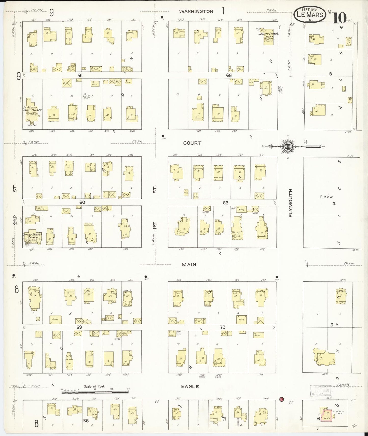 Sanborn Fire Insurance Map from Le Mars, Plymouth County, Iowa (1913), Sheet #0010 - Historic Sanborn Fire Insurance Map Print, vintage old map wall art