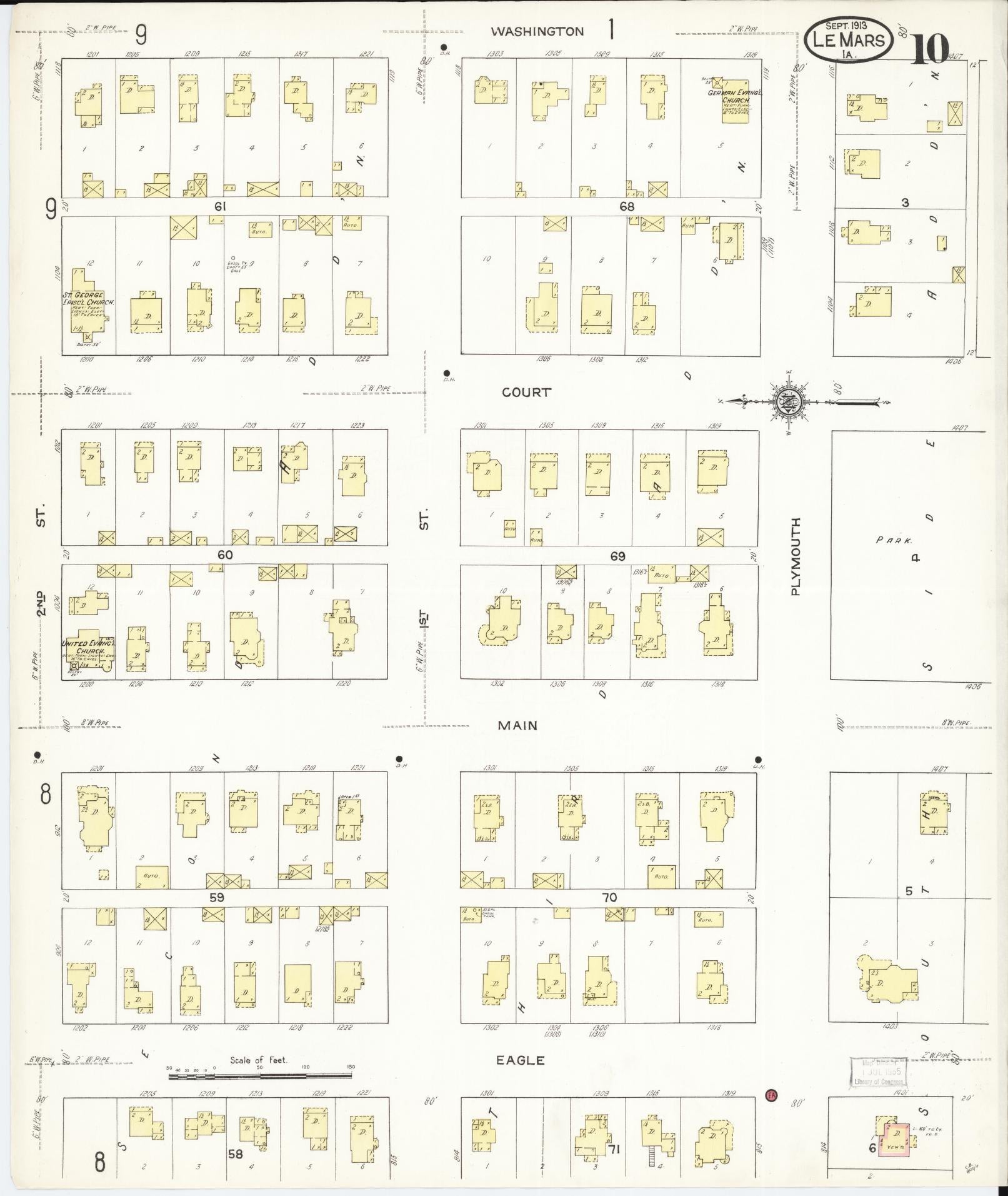 Sanborn Fire Insurance Map from Le Mars, Plymouth County, Iowa (1913), Sheet #0010 - Historic Sanborn Fire Insurance Map Print, vintage old map wall art