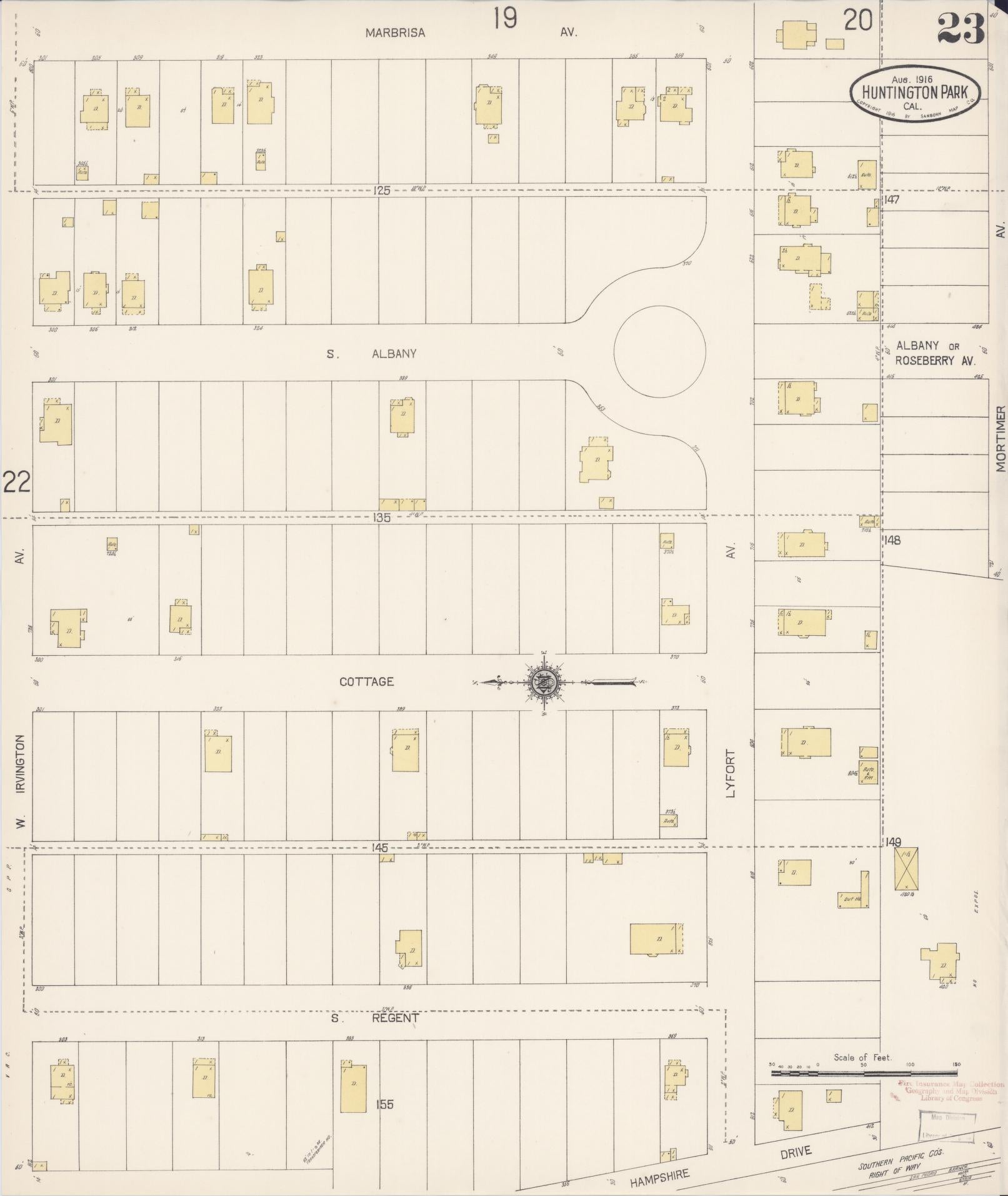 Sanborn Fire Insurance Map from Huntington Park, Los Angeles County, California (1916), Sheet #0023 - Historic Sanborn Fire Insurance Map Print, vintage old map wall art, antique decor, genealogy gift, California California map