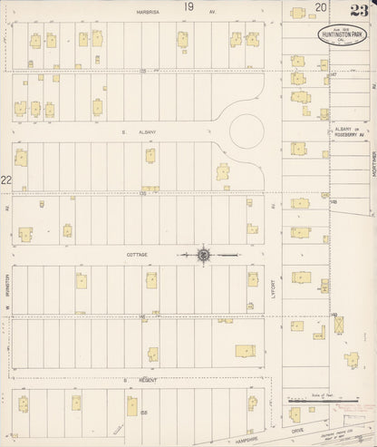 Sanborn Fire Insurance Map from Huntington Park, Los Angeles County, California (1916), Sheet #0023 - Historic Sanborn Fire Insurance Map Print, vintage old map wall art, antique decor, genealogy gift, California California map