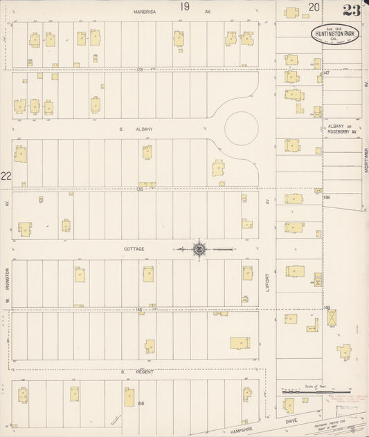 Sanborn Fire Insurance Map from Huntington Park, Los Angeles County, California (1916), Sheet #0023 - Historic Sanborn Fire Insurance Map Print, vintage old map wall art, antique decor, genealogy gift, California California map
