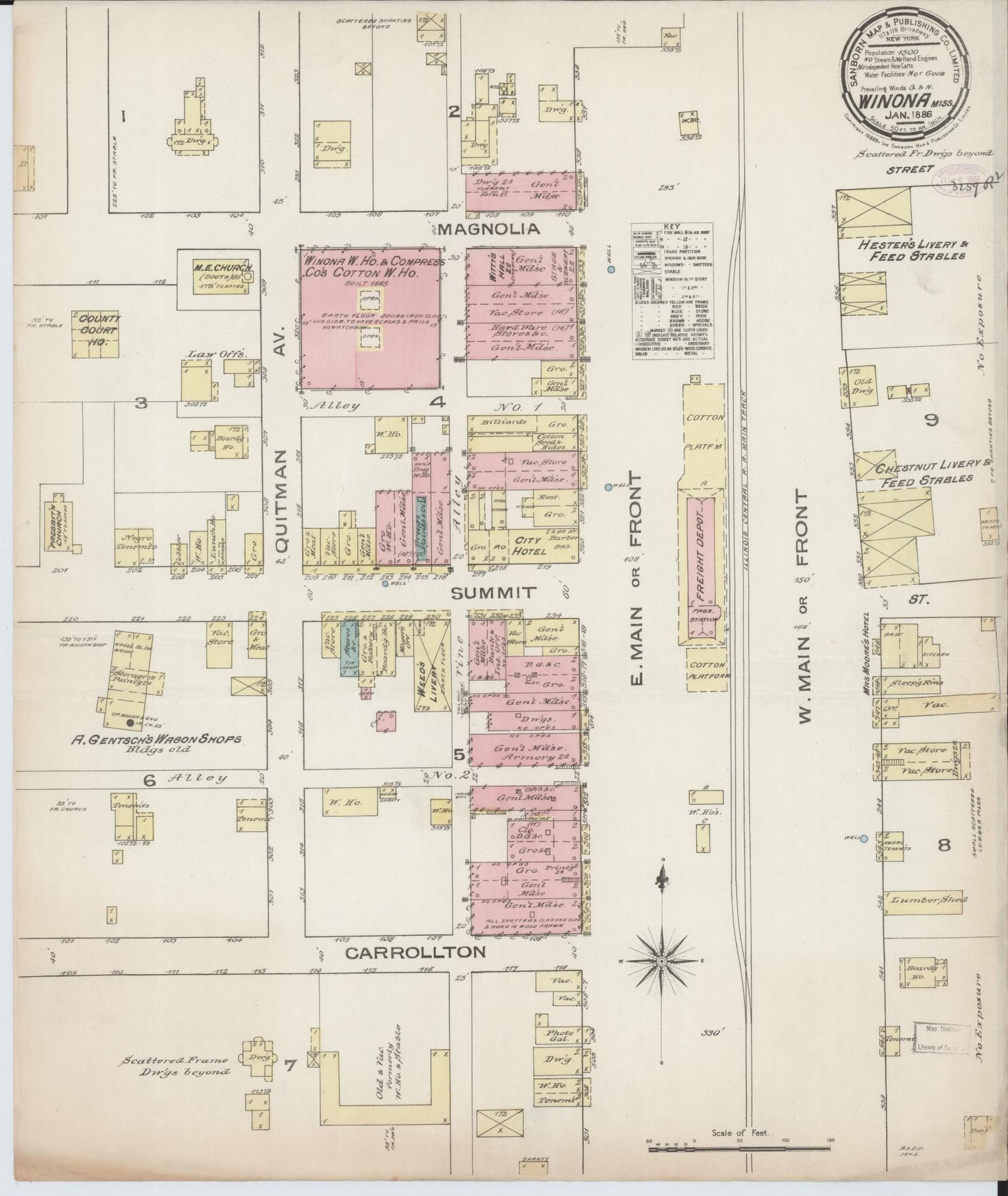 Sanborn Fire Insurance Map from Winona, Montgomery County, Mississippi (1886), Sheet #0001 - Historic Sanborn Fire Insurance Map Print, vintage old map wall art, antique decor, genealogy gift, Mississippi Mississippi map