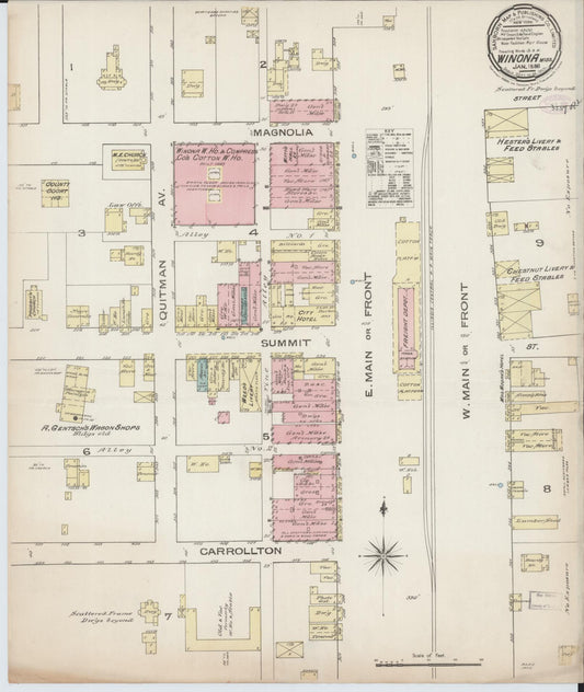 Sanborn Fire Insurance Map from Winona, Montgomery County, Mississippi (1886), Sheet #0001 - Historic Sanborn Fire Insurance Map Print, vintage old map wall art, antique decor, genealogy gift, Mississippi Mississippi map