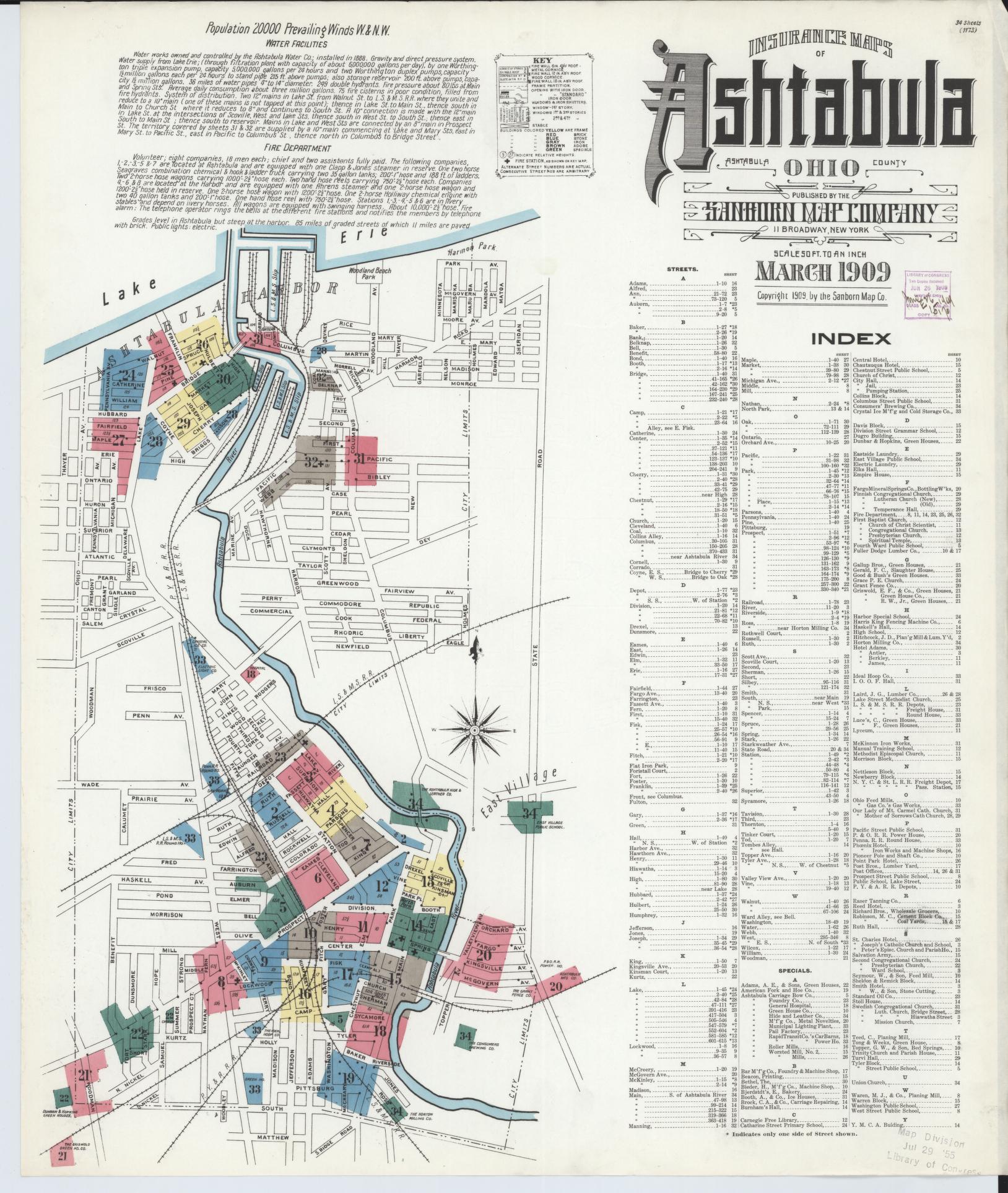 Sanborn Fire Insurance Map from Ashtabula, Ashtabula County, Ohio (1909), Sheet #0001 - Historic Sanborn Fire Insurance Map Print, vintage old map wall art, antique decor, genealogy gift, Ohio Ohio map
