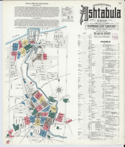 Sanborn Fire Insurance Map from Ashtabula, Ashtabula County, Ohio (1909), Sheet #0001 - Historic Sanborn Fire Insurance Map Print, vintage old map wall art, antique decor, genealogy gift, Ohio Ohio map