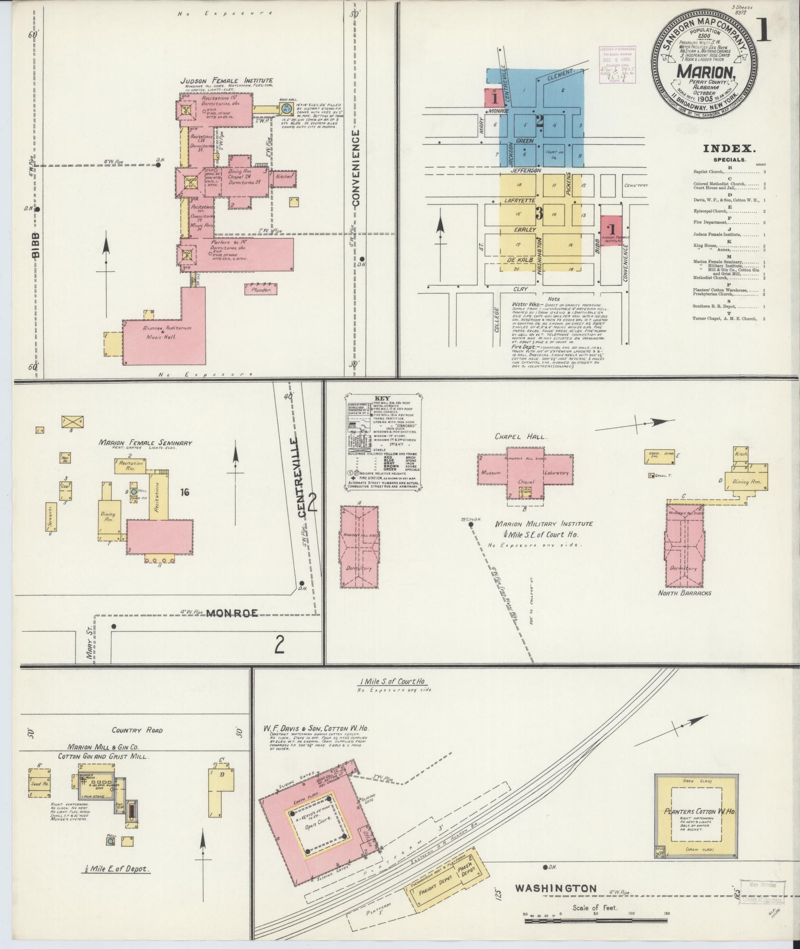 Sanborn Fire Insurance Map from Marion, Perry County, Alabama (1905), Sheet #0001 - Complete Map Set gallery image, historic Sanborn map, vintage wall art, Alabama Alabama