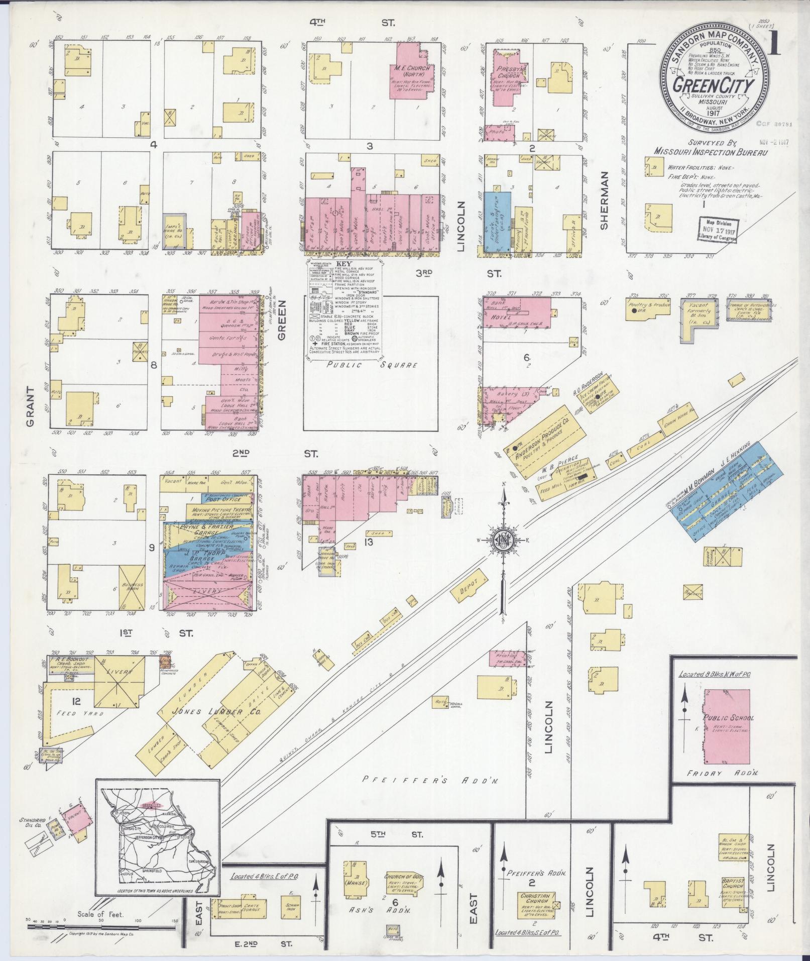 Sanborn Fire Insurance Map from Green City, Sullivan County, Missouri (1917), Sheet #0001 - Historic Sanborn Fire Insurance Map Print, vintage old map wall art, antique decor, genealogy gift, Missouri Missouri map