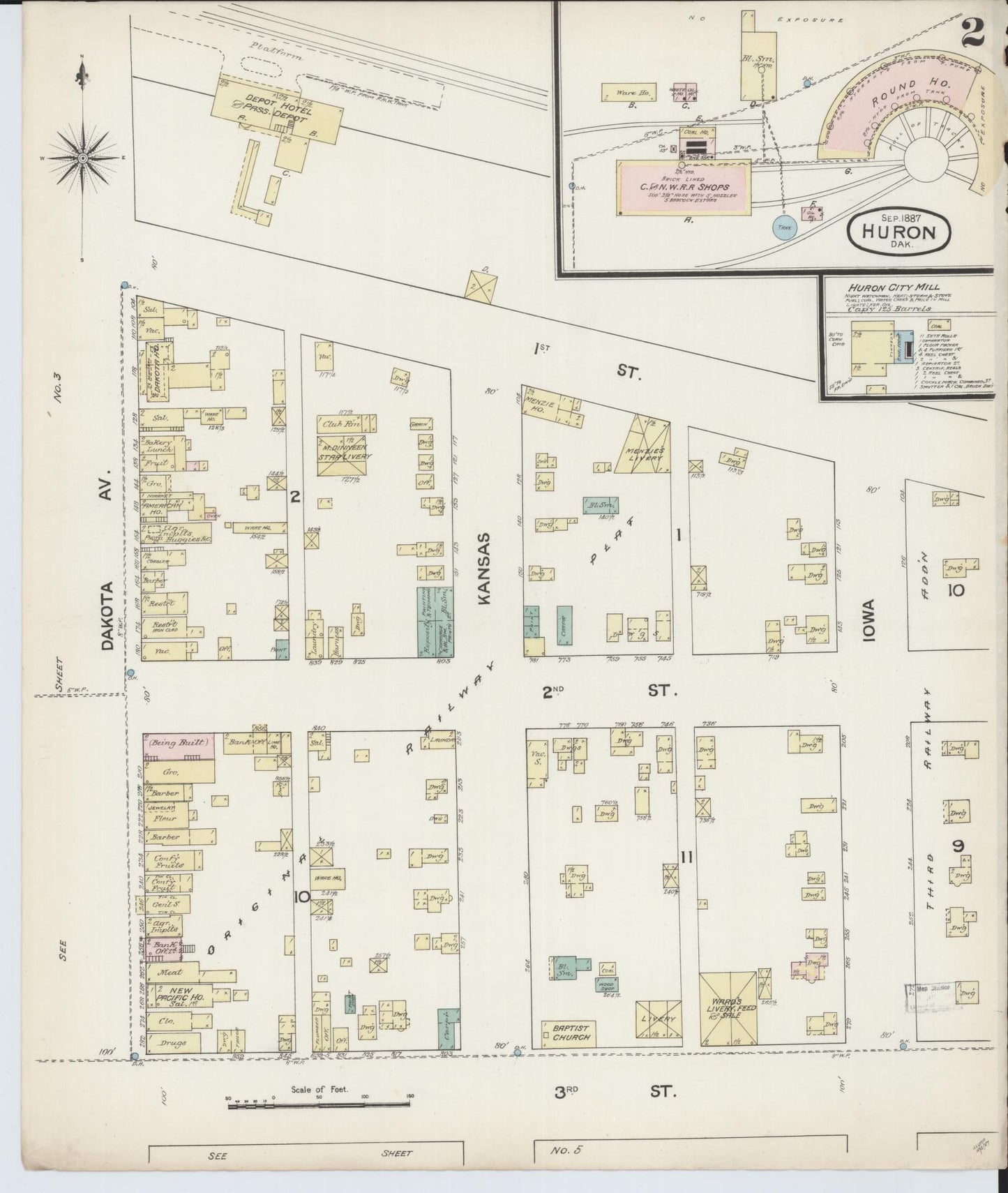 Sanborn Fire Insurance Map from Huron, Beadle County, South Dakota (1887), Sheet #0002 - Complete Map Set gallery image, historic Sanborn map, vintage wall art, South Dakota South Dakota