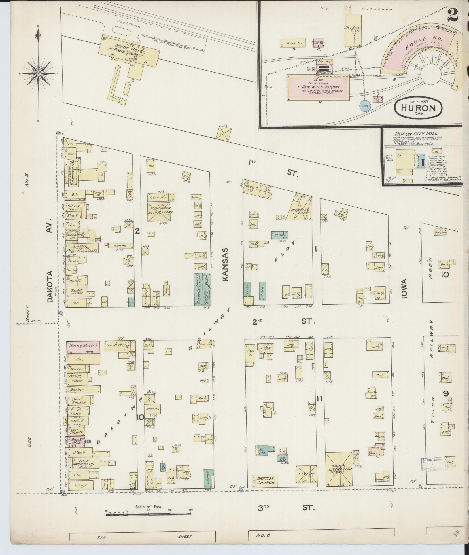 Sanborn Fire Insurance Map from Huron, Beadle County, South Dakota (1887), Sheet #0002 - Complete Map Set gallery image, historic Sanborn map, vintage wall art, South Dakota South Dakota