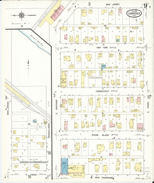 Sanborn Fire Insurance Map from Lawrence, Douglas County, Kansas (1912), Sheet #0009 - Historic Sanborn Fire Insurance Map Print, vintage old map wall art, antique decor, genealogy gift, Kansas Kansas map