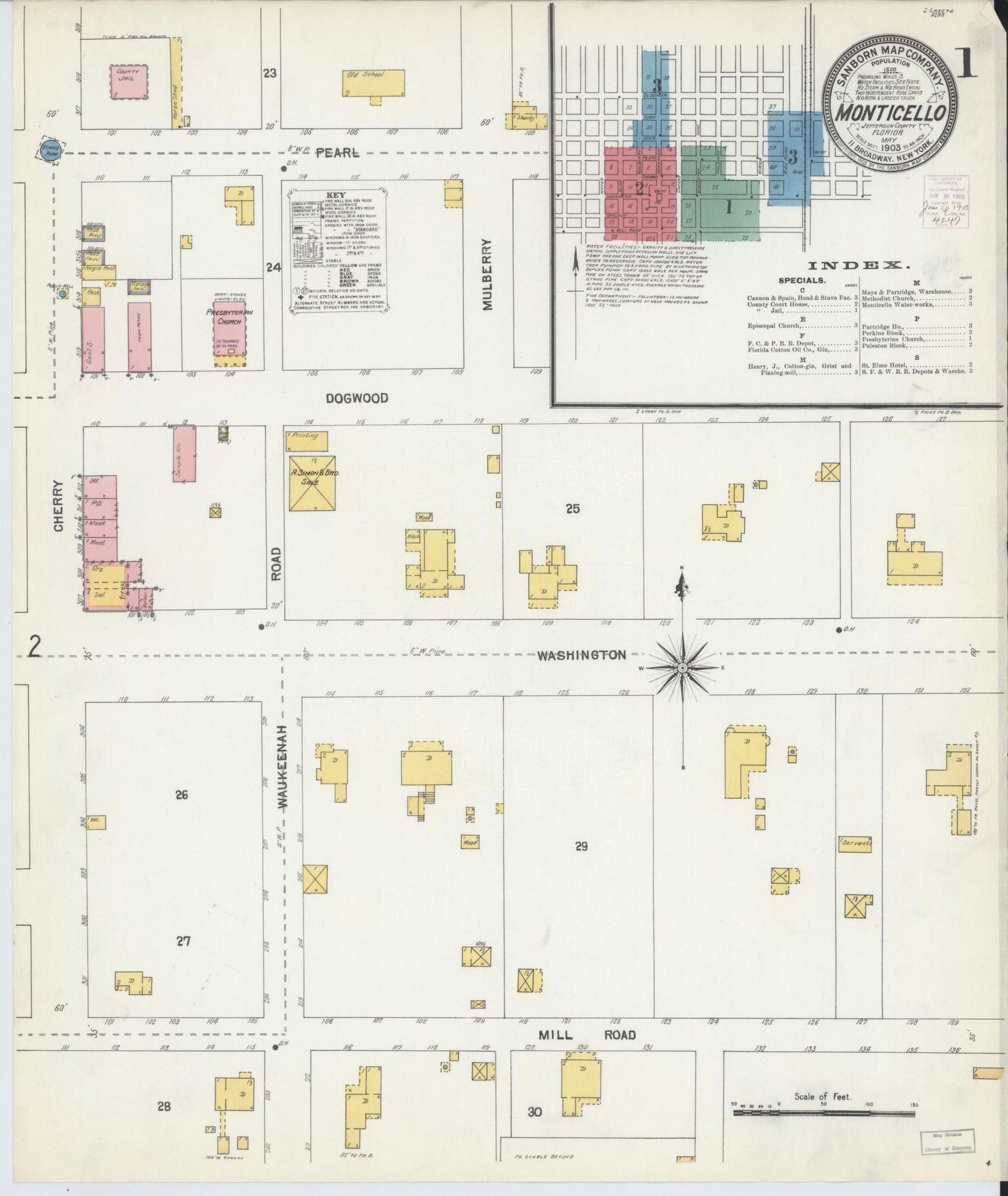Sanborn Fire Insurance Map from Monticello, Jefferson County, Florida (1903), Sheet #0001 - Historic Sanborn Fire Insurance Map Print, vintage old map wall art, antique decor, genealogy gift, Florida Florida map