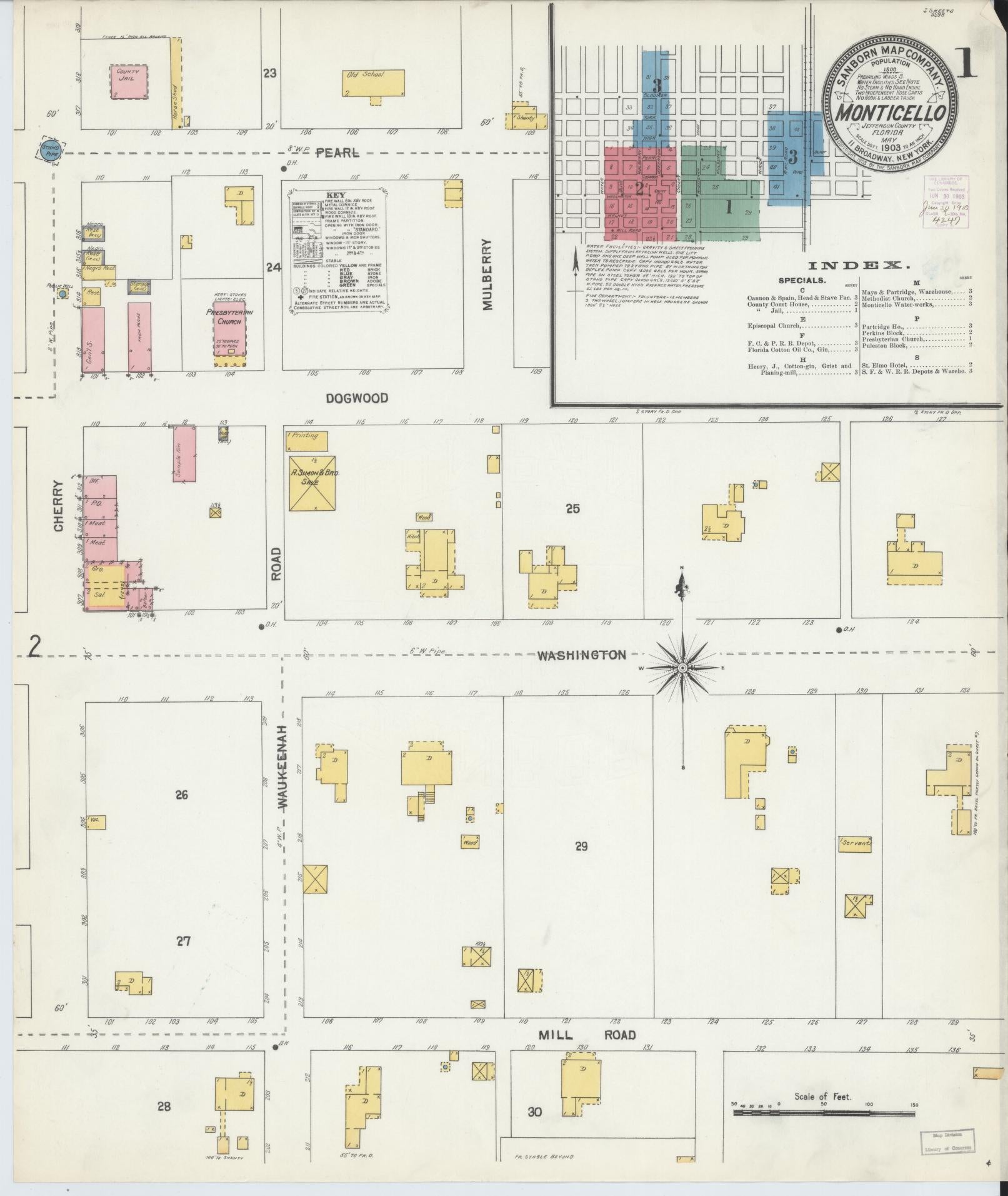 Sanborn Fire Insurance Map from Monticello, Jefferson County, Florida (1903), Sheet #0001 - Historic Sanborn Fire Insurance Map Print, vintage old map wall art, antique decor, genealogy gift, Florida Florida map