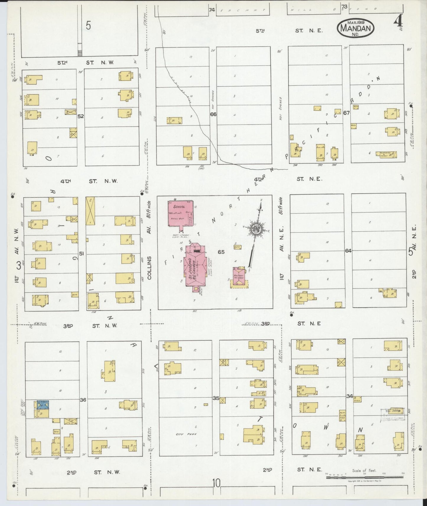 Sanborn Fire Insurance Map from Mandan, Morton County, North Dakota (1919), Sheet #0004 - Historic Sanborn Fire Insurance Map Print, vintage old map wall art, antique decor, genealogy gift, North Dakota North Dakota map