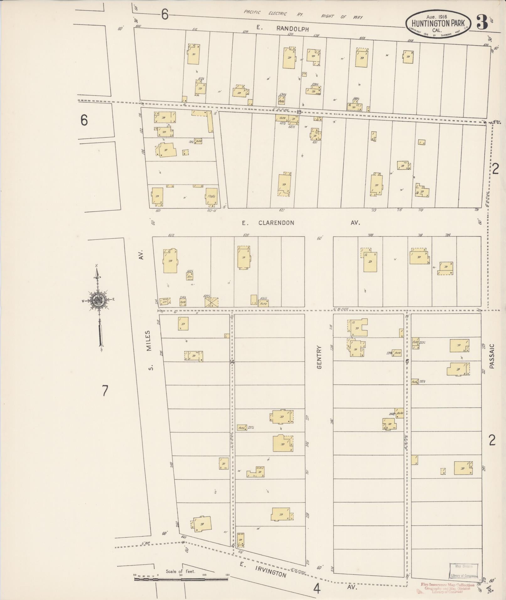Sanborn Fire Insurance Map from Huntington Park, Los Angeles County, California (1916), Sheet #0003 - Historic Sanborn Fire Insurance Map Print, vintage old map wall art, antique decor, genealogy gift, California California map