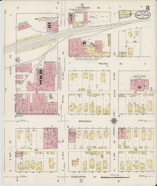 Sanborn Fire Insurance Map from Mattoon, Coles County, Illinois (1915), Sheet #0008 - Historic Sanborn Fire Insurance Map Print, vintage old map wall art, antique decor, genealogy gift, Illinois Illinois map