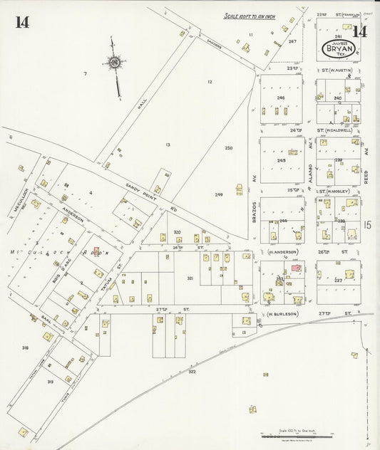 Sanborn Fire Insurance Map from Bryan, Brazos County, Texas (1925), Sheet #0014 - Historic Sanborn Fire Insurance Map Print, vintage old map wall art, antique decor, genealogy gift, Texas Texas map