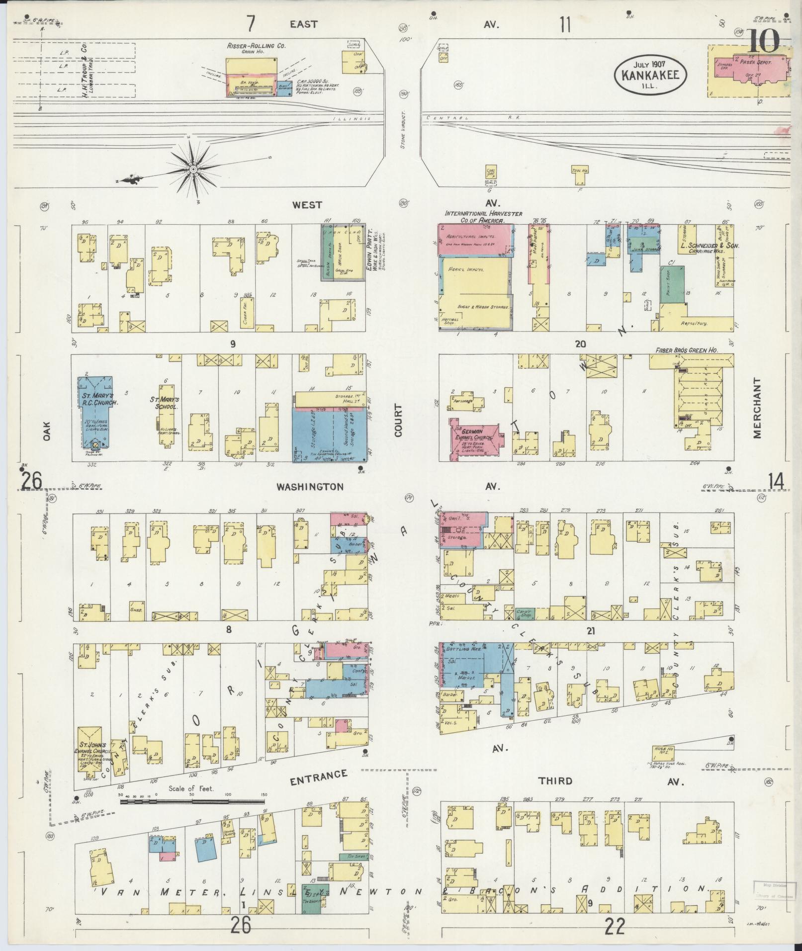 Sanborn Fire Insurance Map from Kankakee, Kankakee County, Illinois (1907), Sheet #0010 - Historic Sanborn Fire Insurance Map Print, vintage old map wall art, antique decor, genealogy gift, Illinois Illinois map