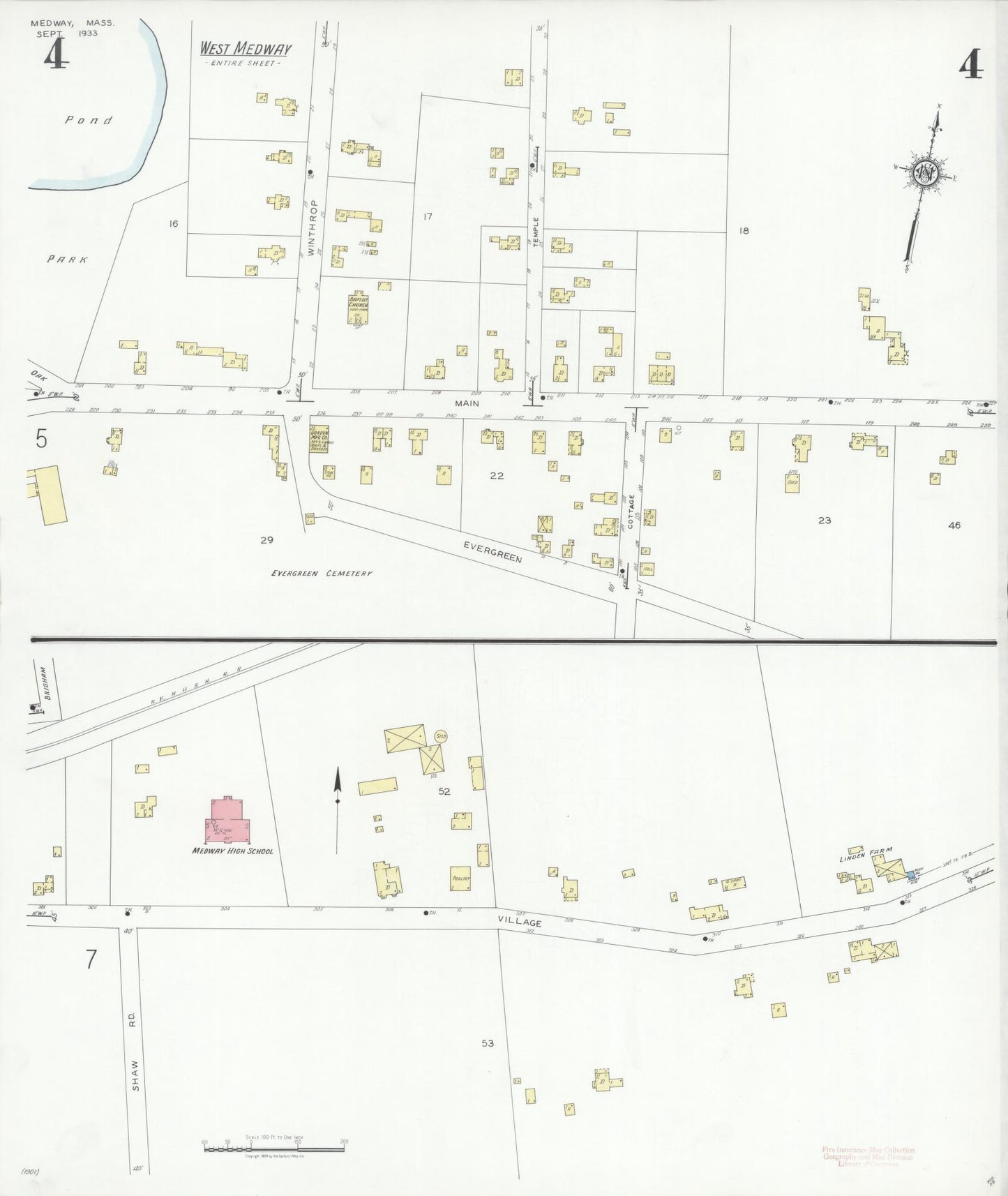 Sanborn Fire Insurance Map from Medway, Norfolk County, Massachusetts (1933), Sheet #0004 - Historic Sanborn Fire Insurance Map Print, vintage old map wall art, antique decor, genealogy gift, Massachusetts Massachusetts map