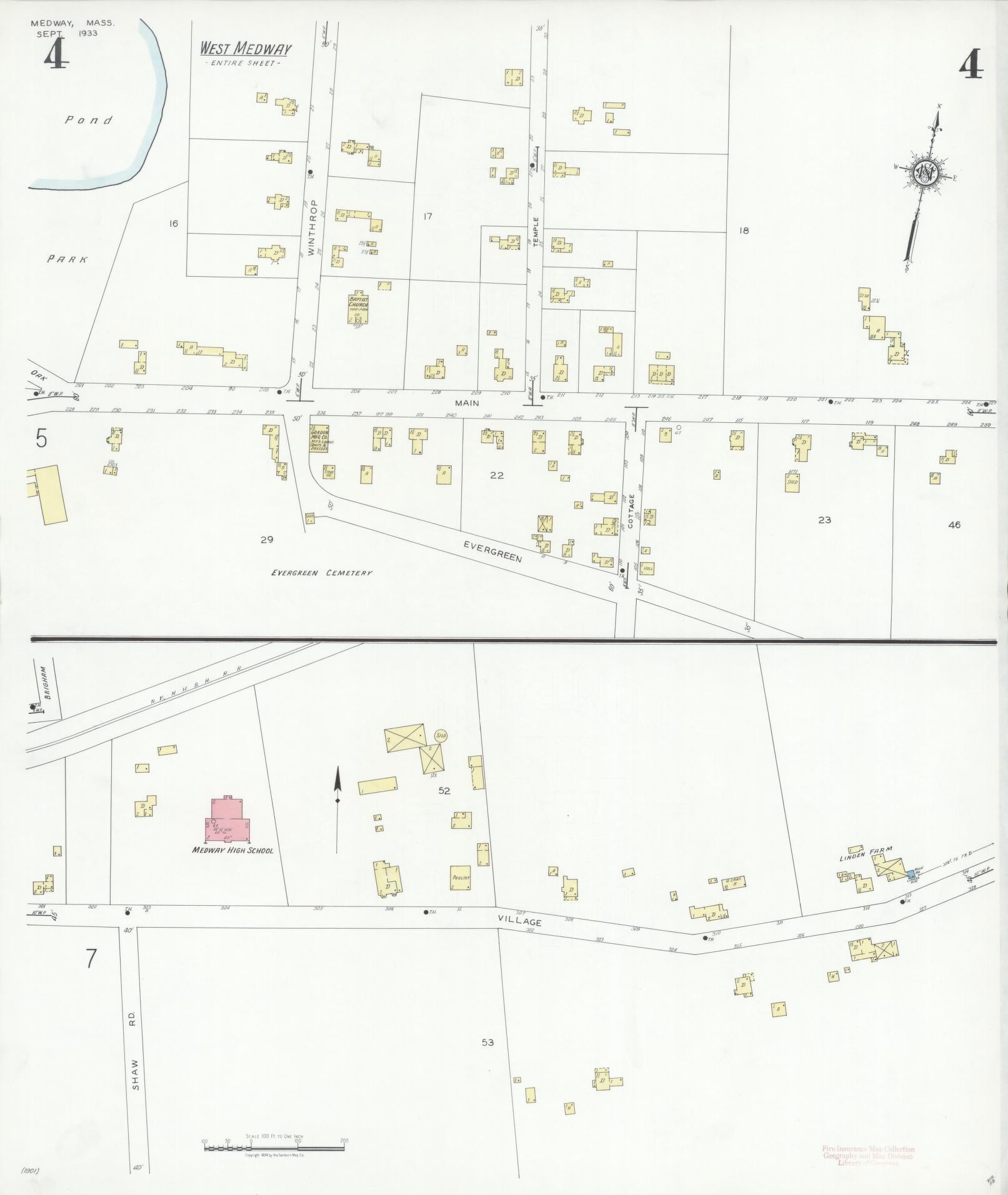 Sanborn Fire Insurance Map from Medway, Norfolk County, Massachusetts (1933), Sheet #0004 - Historic Sanborn Fire Insurance Map Print, vintage old map wall art, antique decor, genealogy gift, Massachusetts Massachusetts map