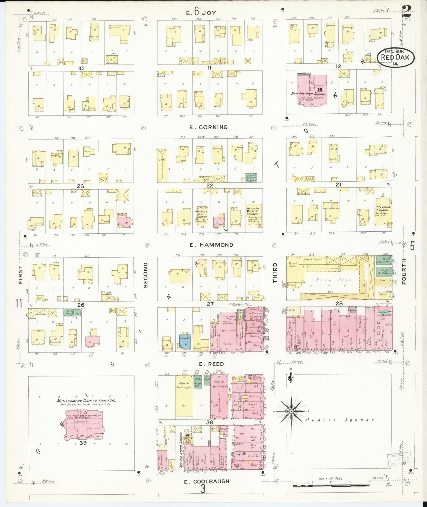 Sanborn Fire Insurance Map from Red Oak, Montgomery County, Iowa (1908), Sheet #0002 - Historic Sanborn Fire Insurance Map Print, vintage old map wall art