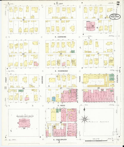 Sanborn Fire Insurance Map from Red Oak, Montgomery County, Iowa (1908), Sheet #0002 - Historic Sanborn Fire Insurance Map Print, vintage old map wall art