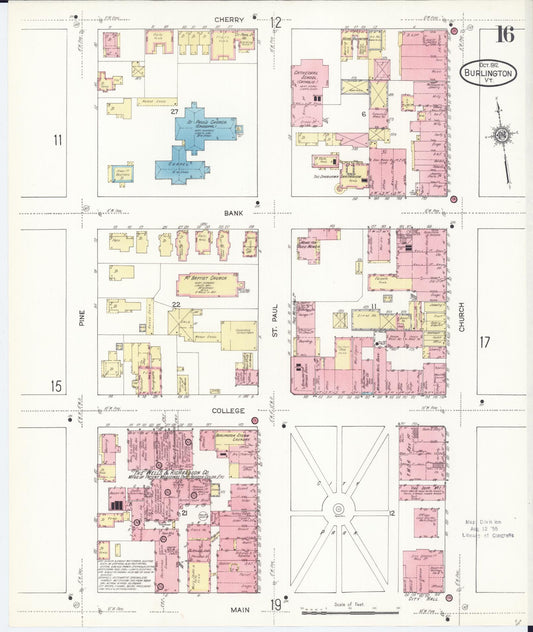 Sanborn Fire Insurance Map from Burlington, Chittenden County, Vermont (1912), Sheet #0016 - Historic Sanborn Fire Insurance Map Print, vintage old map wall art, antique decor, genealogy gift, Vermont Vermont map
