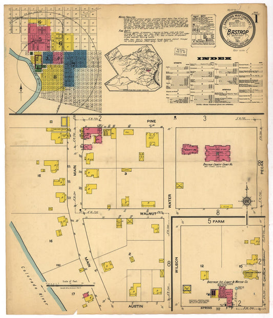 Sanborn Fire Insurance Map from Bastrop, Bastrop County, Texas (1921), Sheet #0001 - Historic Sanborn Fire Insurance Map Print, vintage old map wall art, antique decor, genealogy gift, Texas Texas map